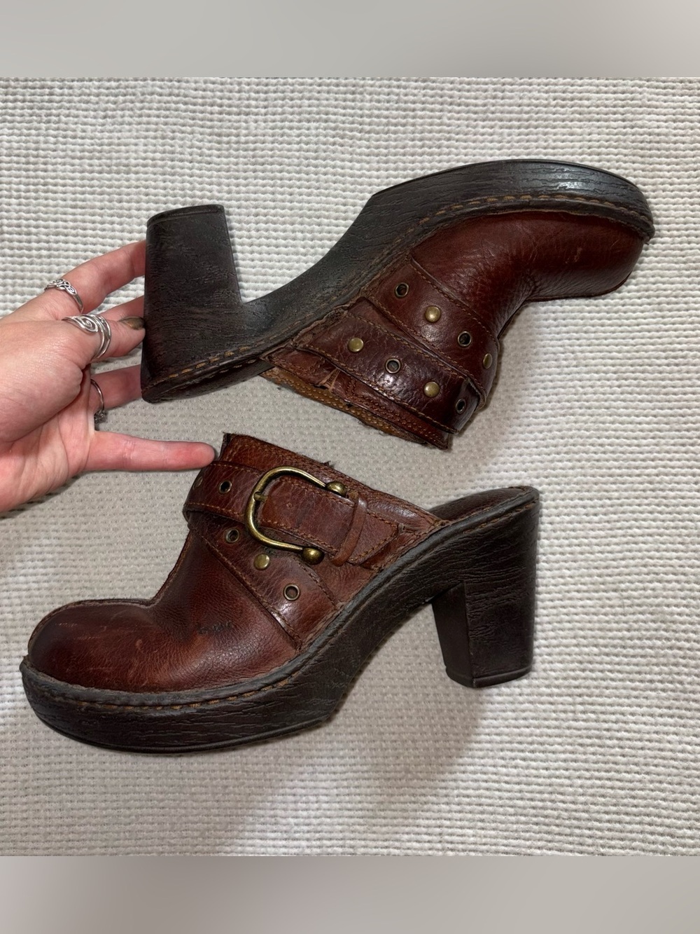 Women’s Brown Leather Buckle Clog Heels